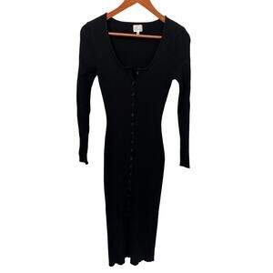 DEE ELLY Black Ribbed Button Down Bodycon Midi Dress // XS